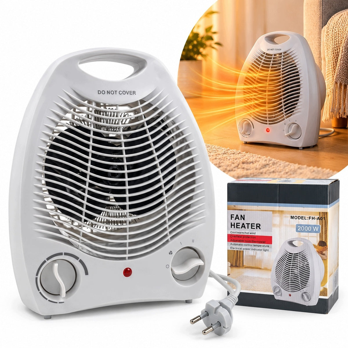 FAN ELECTRIC HEATER 2000W 2 POWER LEVELS AIR SUPPLY THERMOSTAT
