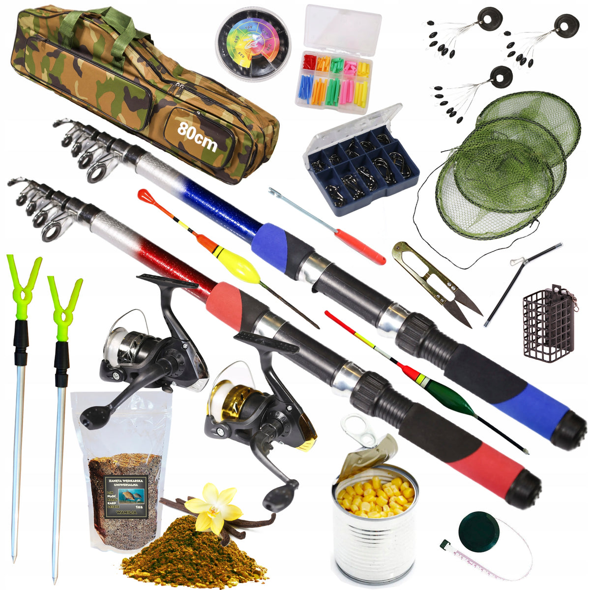 FISHING SET 2x Fishing rod 2,1m, 2x Reel, float, bait - ZEST-W-13