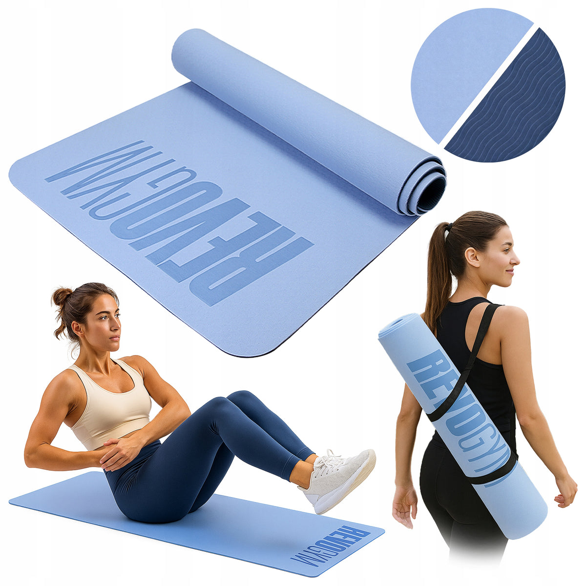FITNESS YOGA EXERCISE MAT DOUBLE-SIDED NON-SLIP SOFT HANDLE 6 MM