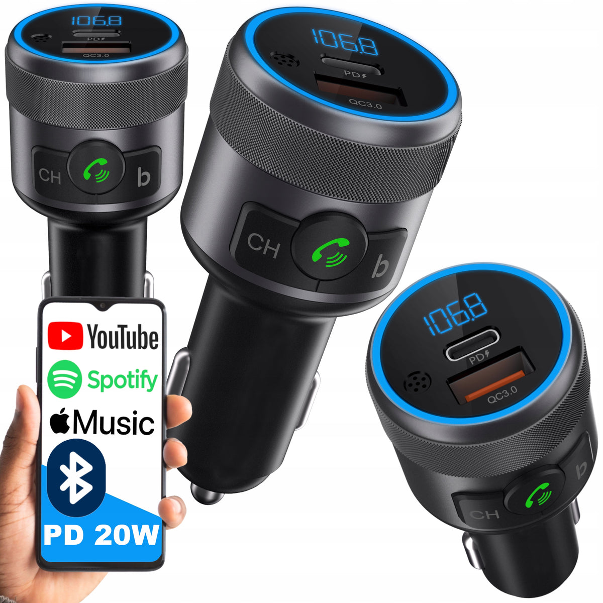 FM BLUETOOTH TRANSMITTER USB TYPE C QC 3.0 + PD BASS PD 20W