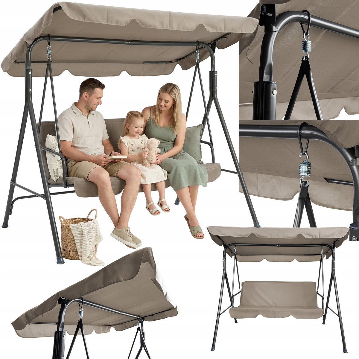 FREESTANDING GARDEN SWING 3 SEATER ROCKING BENCH BEIGE CANOPY STRONG