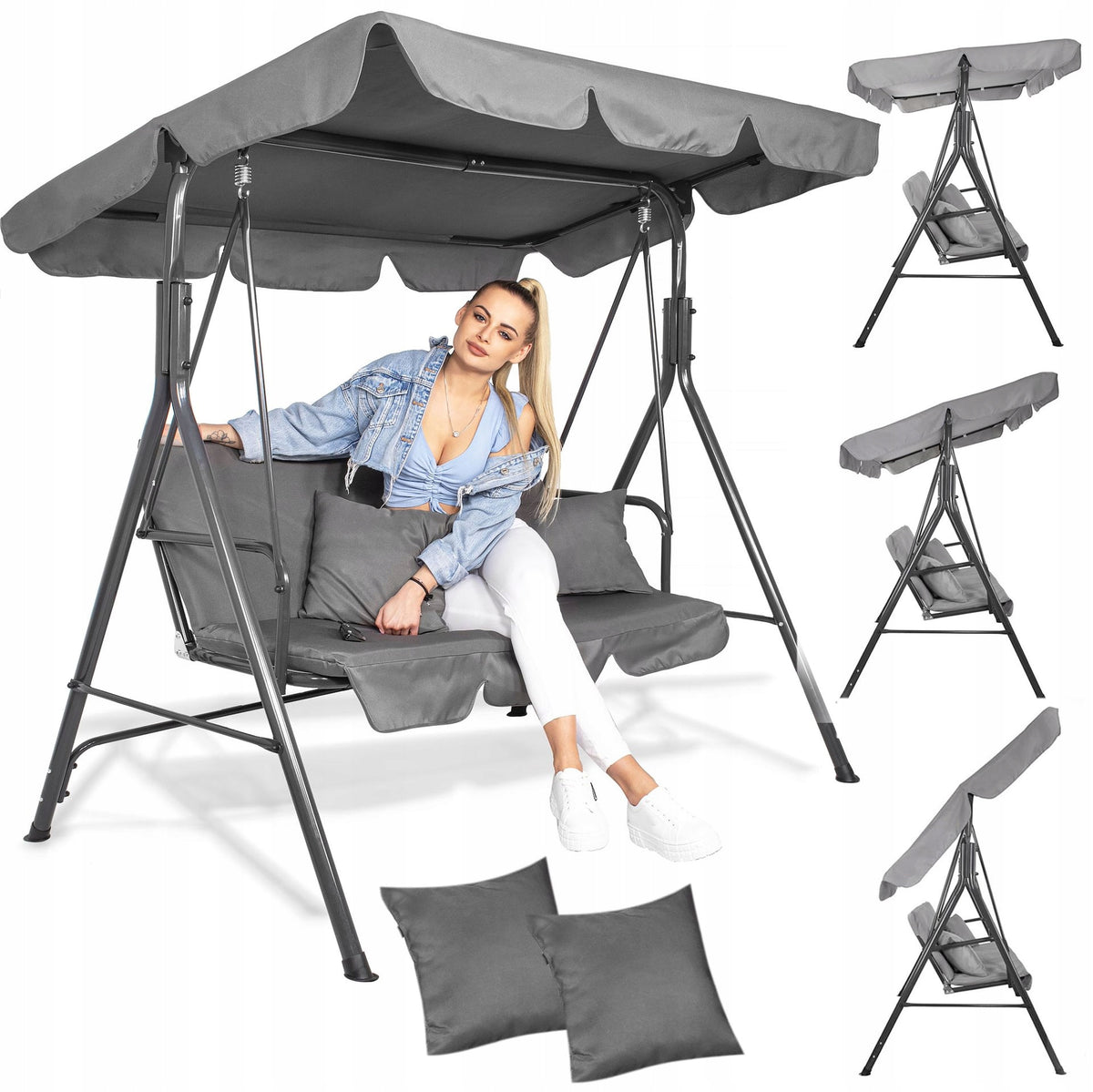 FREESTANDING GARDEN SWING 3 SEATER ROCKING BENCH GREY CANOPY STRONG