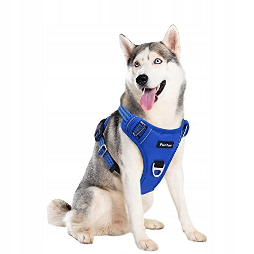 FUNFOX Harness For Large Dogs Adjustable Anti-String Blue L