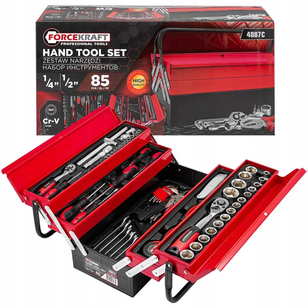 Forcekraft metal tool box with 85 element tool equipment. Manufacturer code 61965