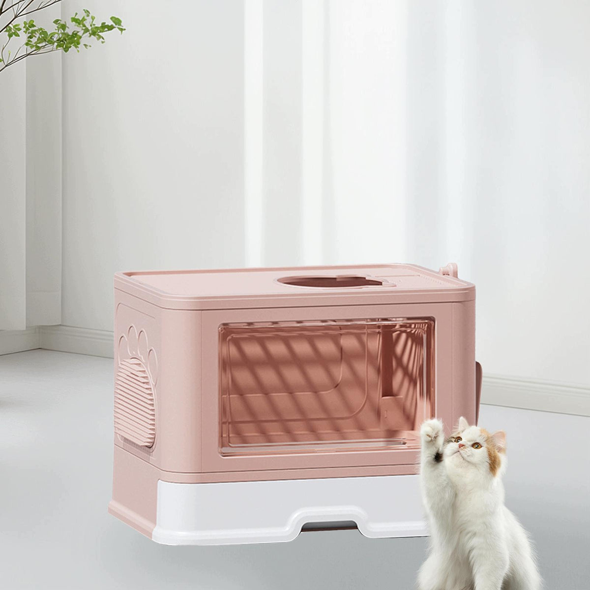 Fully Enclosed Cat Litter Box with Scoop Pet Cleaning Tool Washable Pink