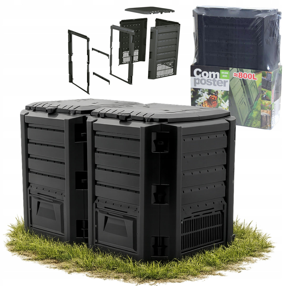 GARDEN COMPOSTER LARGE 800L BLACK 2 CHAMBER FOR COMPOST FROST-RESISTANT