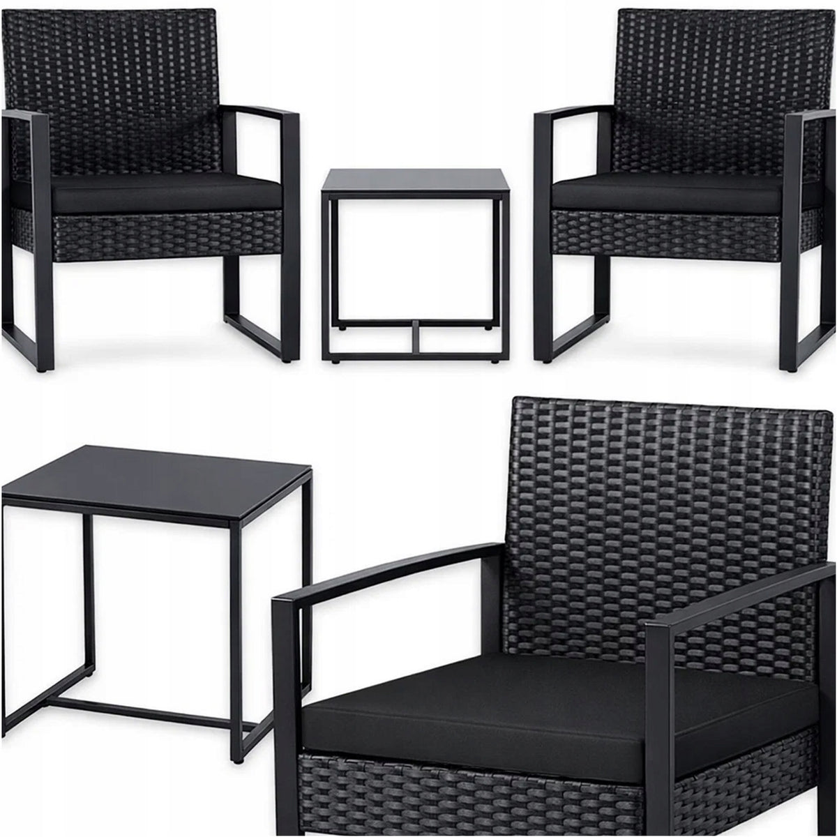 GARDEN FURNITURE SET TERRACE FURNITURE BLACK ARMCHAIRS TABLE RATTAN
