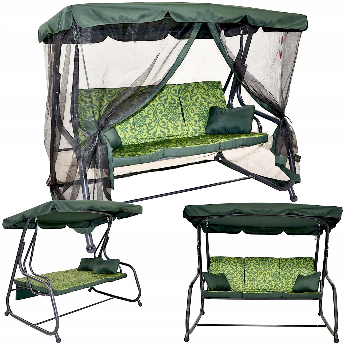 GARDEN SWING ROCKING BENCH 3-seater 2in1 FOLDING MOSQUITO NET VISOR