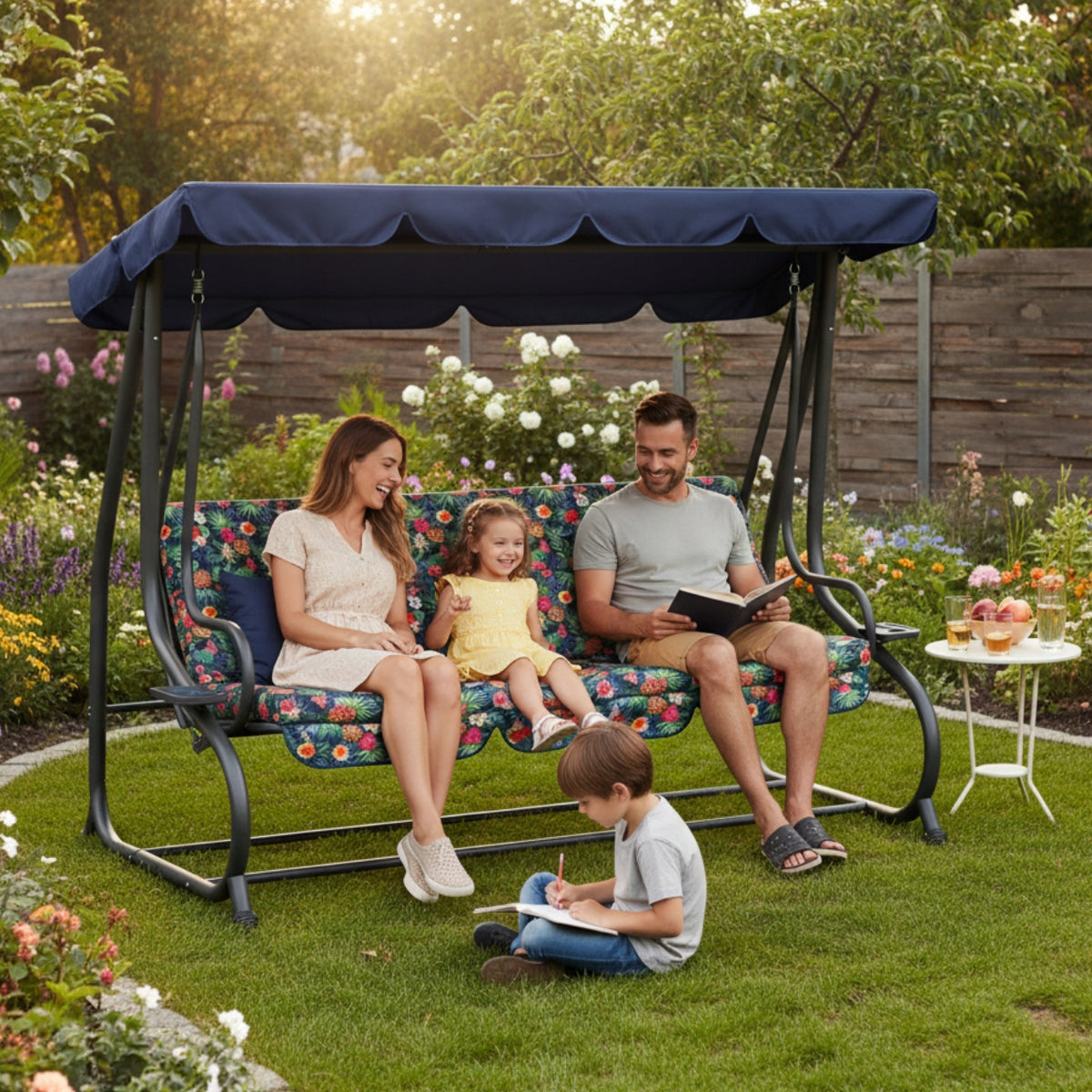 GARDEN SWING WITH CANOPY ROCKING FREESTANDING 2in1 FOLDING PILLOWS Packaging status original
