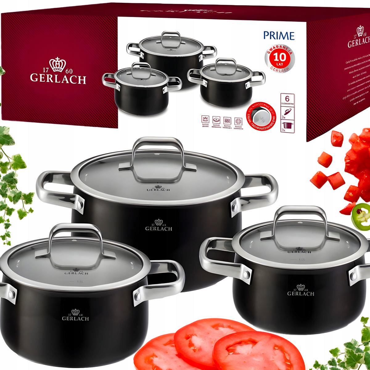 GERLACH SET OF EMAILED POTS WITH LIDS INDUCTION GAS 6EL BLACK