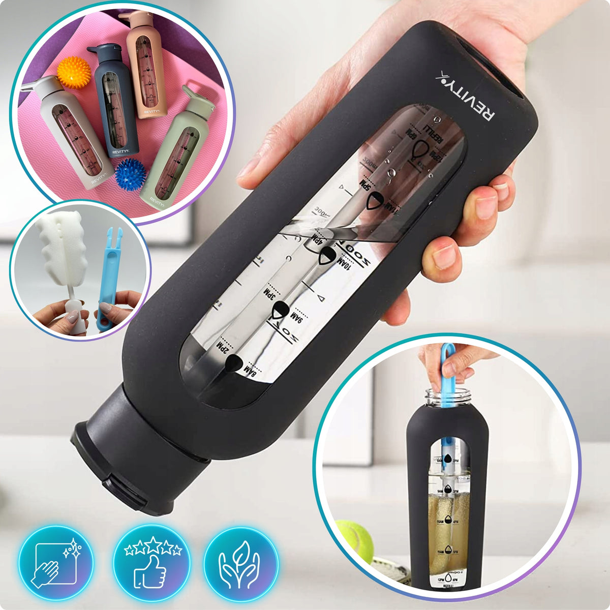 GLASS WATER BOTTLE SHAKER BOTTLE WITH MEASURING CUP AND SPOUT SILICONE CASE Packaging status original