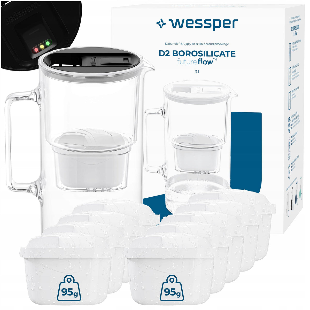 Glass filter jug Wessper D2 BOROSILICATE 3l futureflow +10x filter