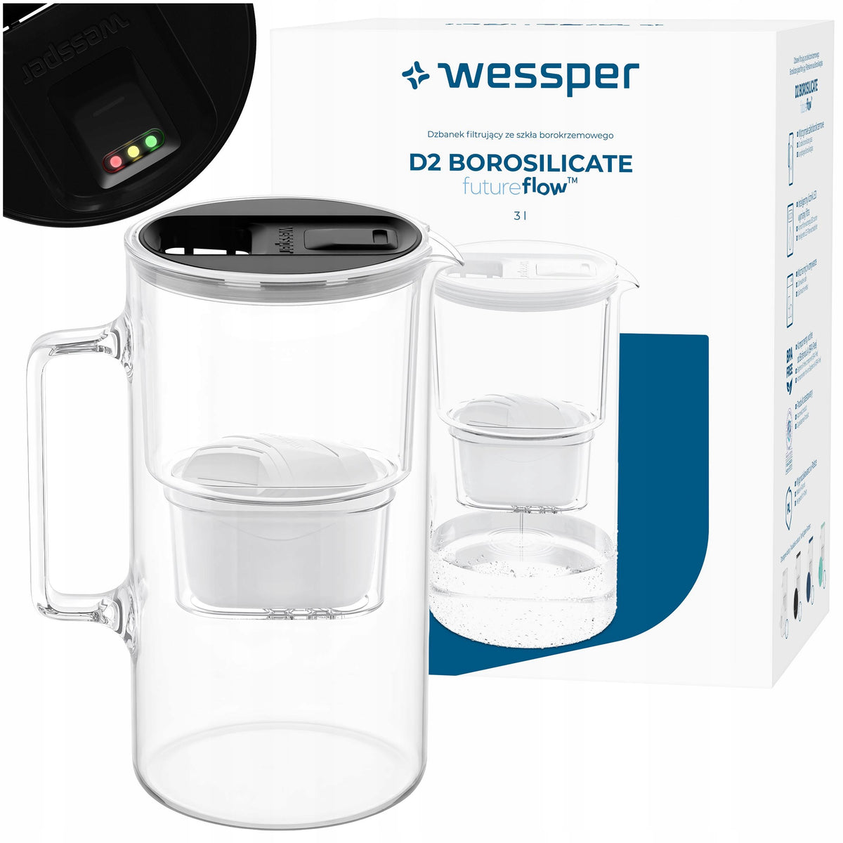 Glass filter jug Wessper D2 BOROSILICATE FF 3l LED + 1x filter