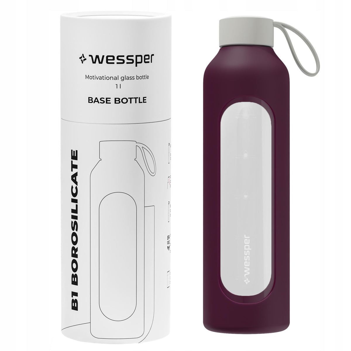 Glass water bottle 1l Wessper B1 BOROSILICATE Ruby