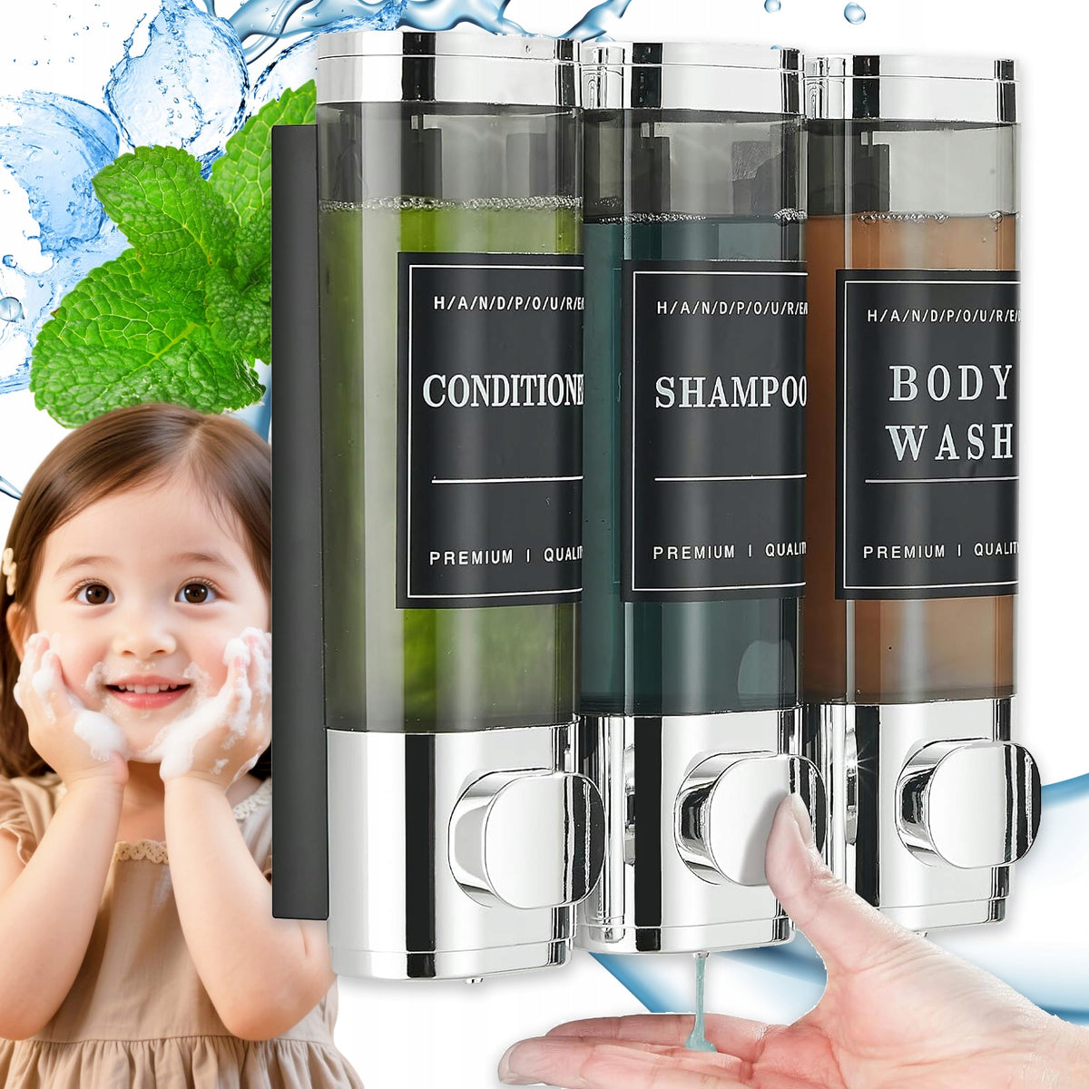 HANDHELD BATHROOM SOAP DISPENSER WALL MOUNTED SHAMPOO 3 CHAMBERS 0.3L