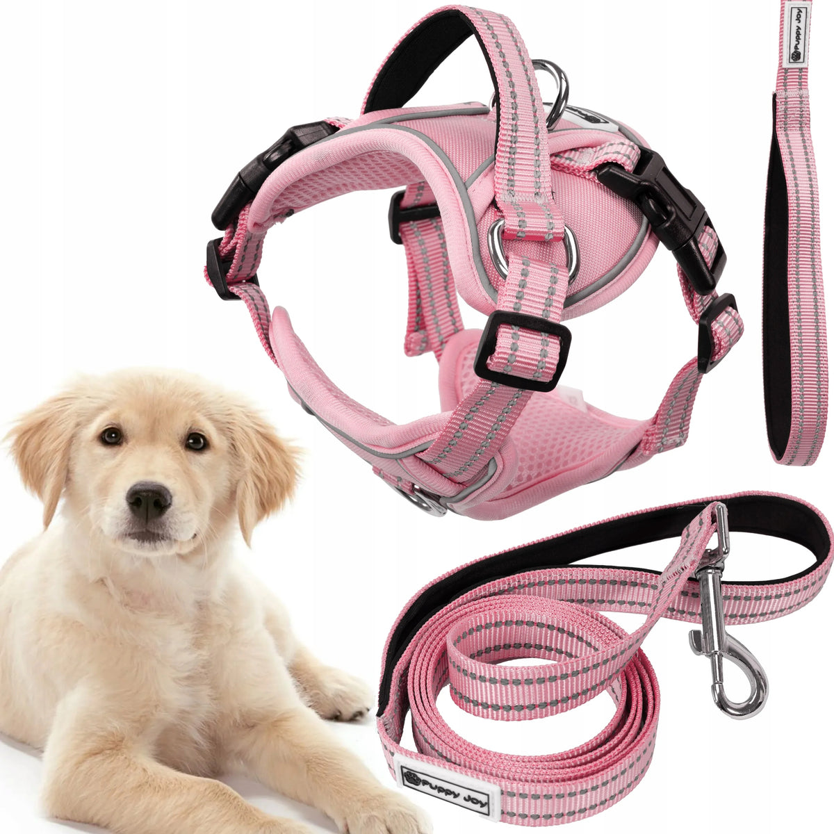 HARNESS AND LEASH FOR DOG REFLECTIVE PRESSURE-FREE ADJUSTABLE PINK L