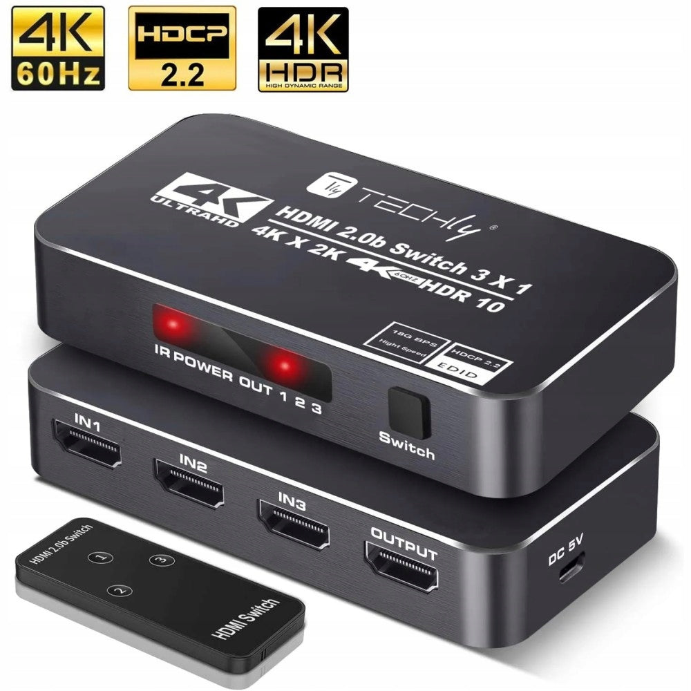 HDMI Switch HDMI 2.0b 3x In, 1x Out 4K60Hz with IR Remote Control Techly Manufacturer Techly