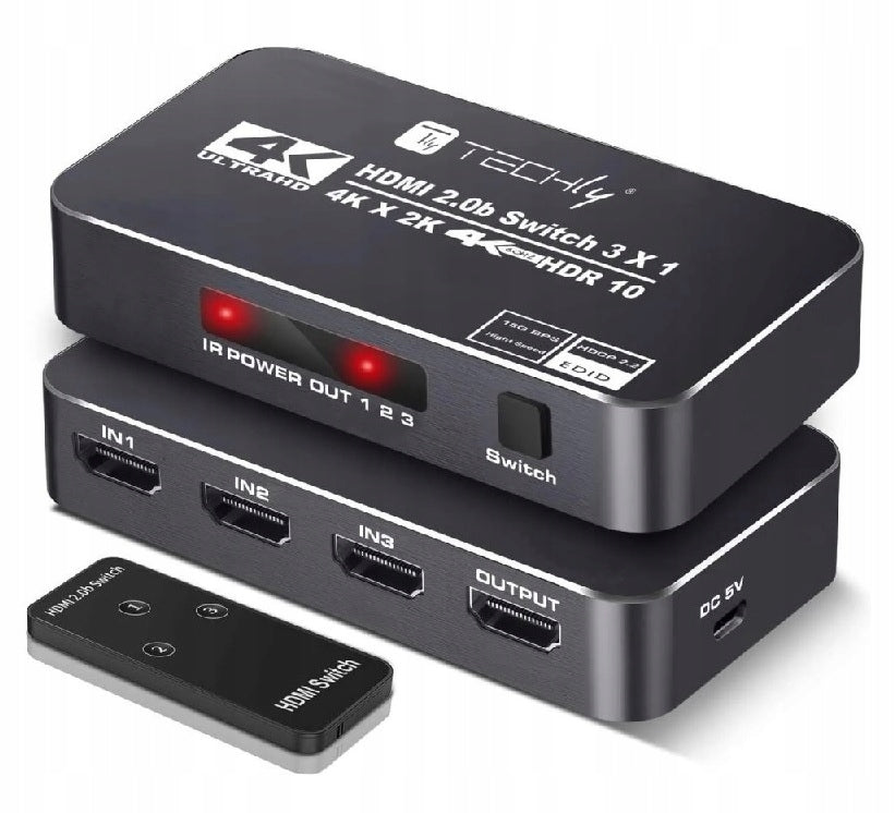HDMI Switch HDMI 2.0b 3x In, 1x Out 4K60Hz with IR Remote Control Techly