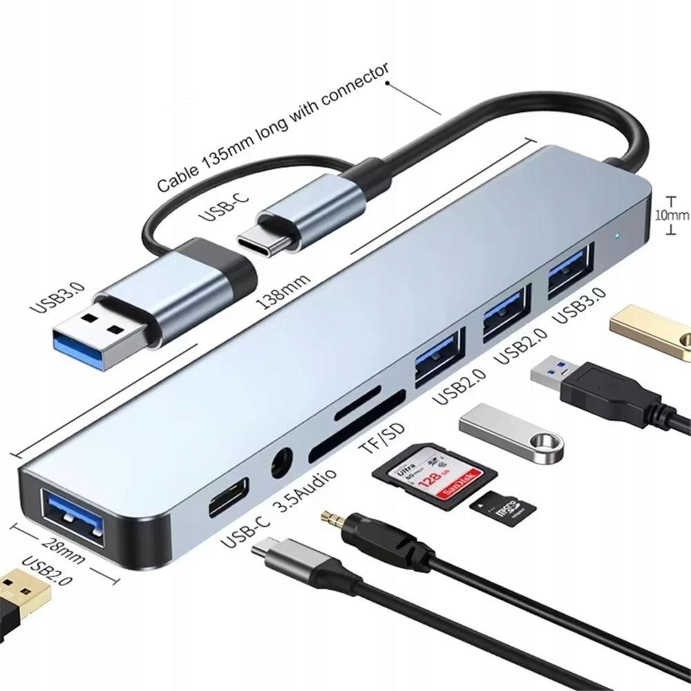 HUB ADAPTER UNIVERSAL USB-C SPLITTER 8in1 SD/TF reader USB 3.0 Audio