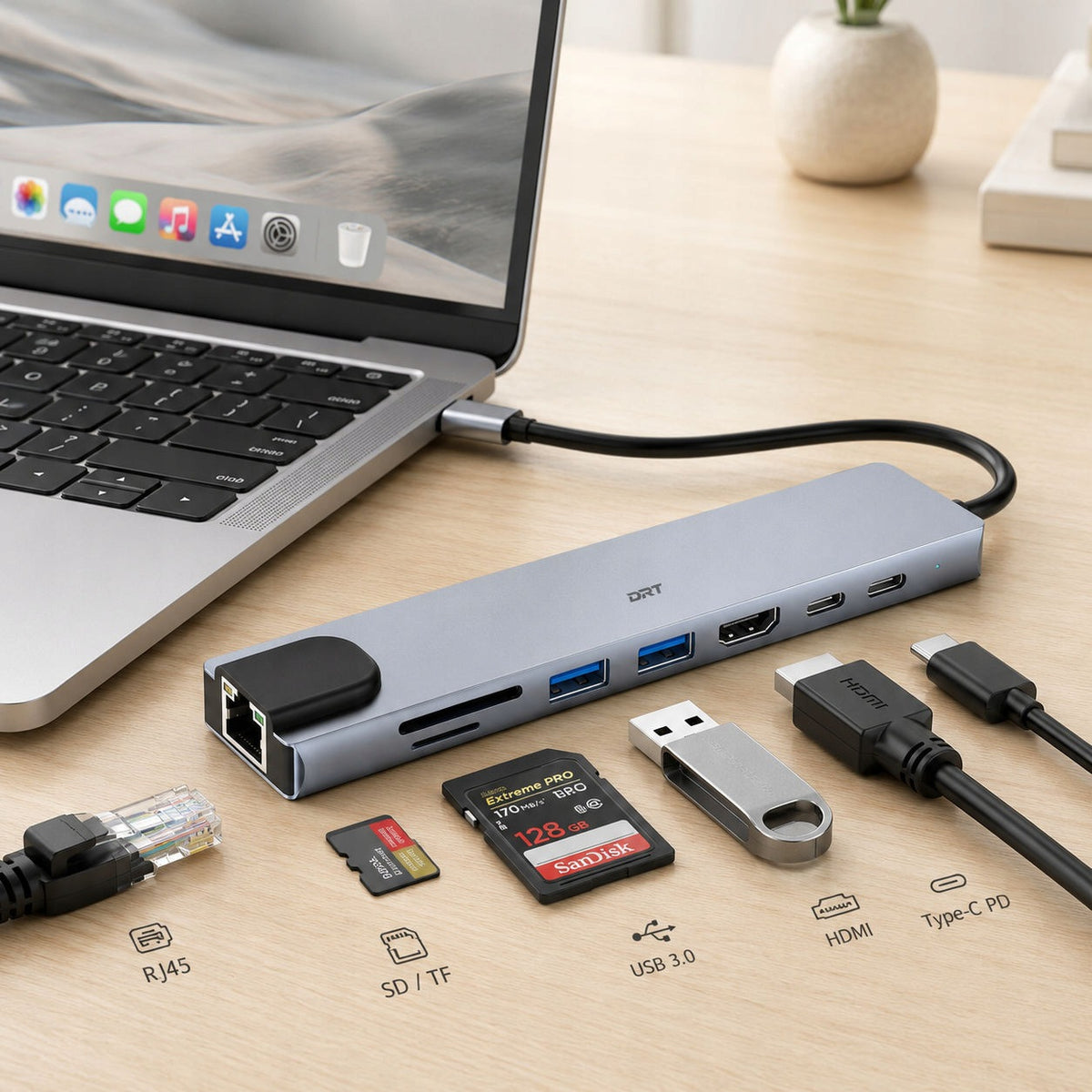 HUB Adapter USB-C 8in1 DRT HDMI 4K PD LAN RJ45 2x USB 3.0 SD microSD Silver Packaging status original