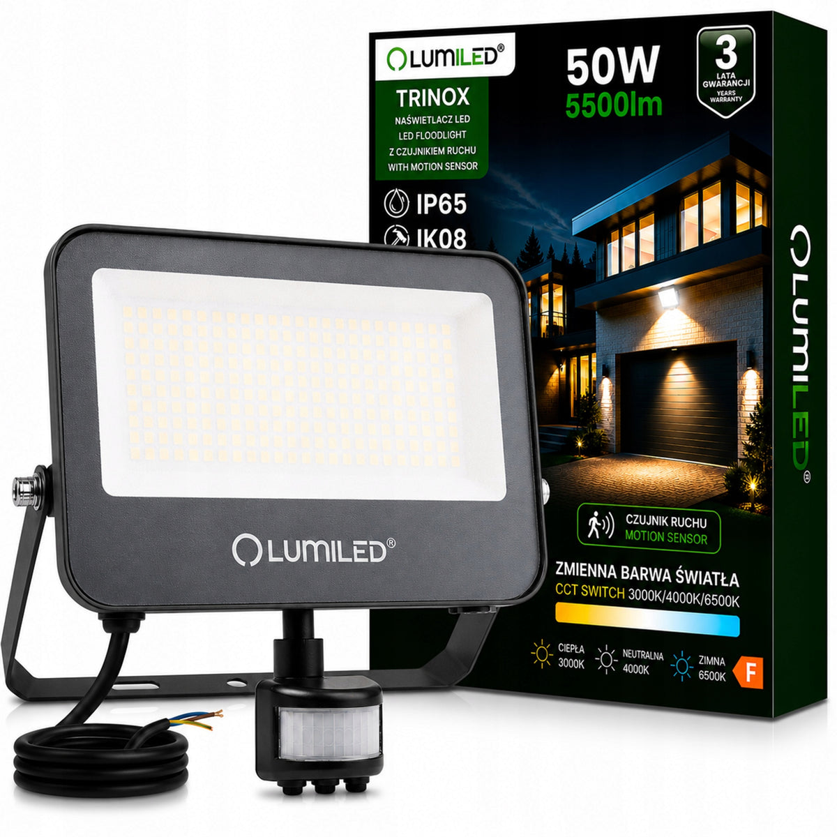 Halogen 50W CCT IP65 LED Floodlight Headlight Lamp with Motion Sensor