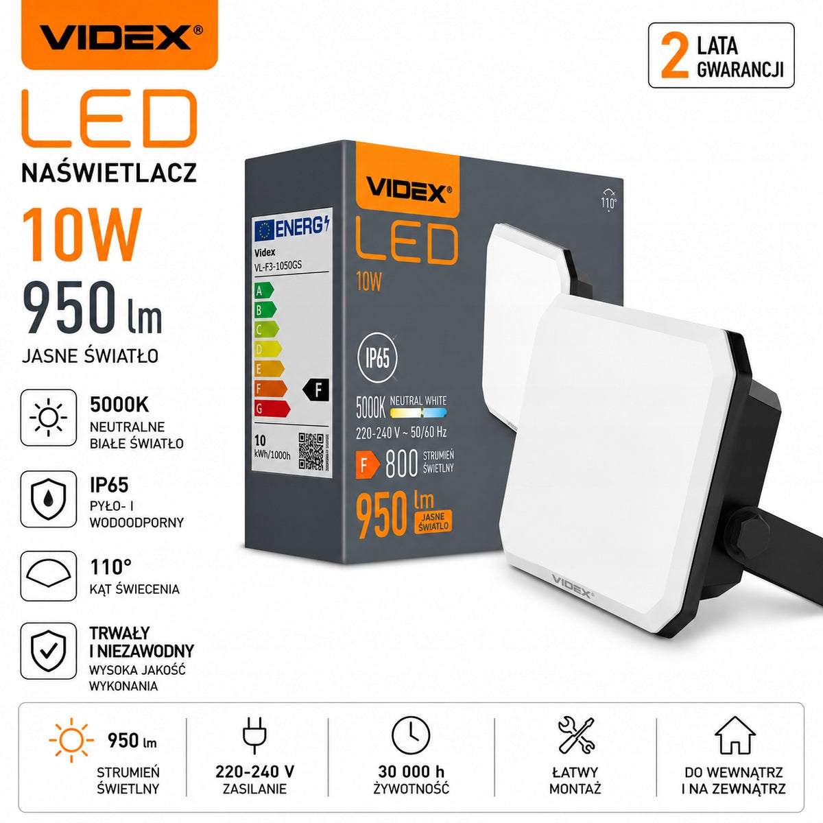 Halogen LED Floodlight Lamp 10W Outdoor VIDEX 5000K IP65 Headlight Packaging status original