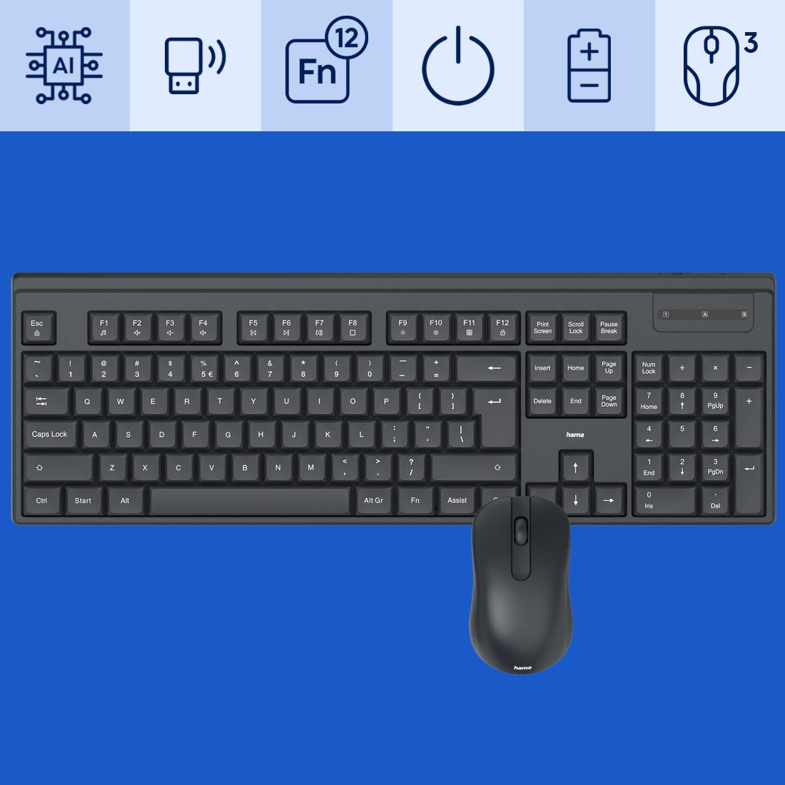 Hama set Keyboard Wireless Mouse WKM100 universal 2,4GHz Quiet Packaging status original