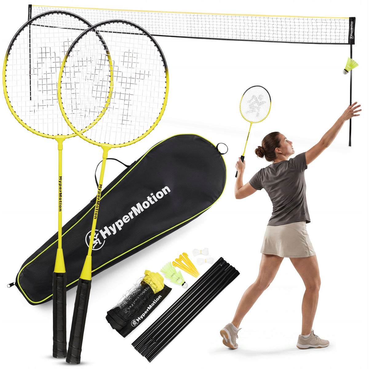 HyperMotion badminton set with net and cover – 2 rackets, 3 shuttlecocks