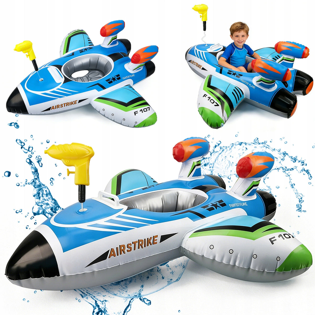 INFLATABLE MATTRESS AIRPLANE POOL TOY WITH WATER GUN 108*105CM