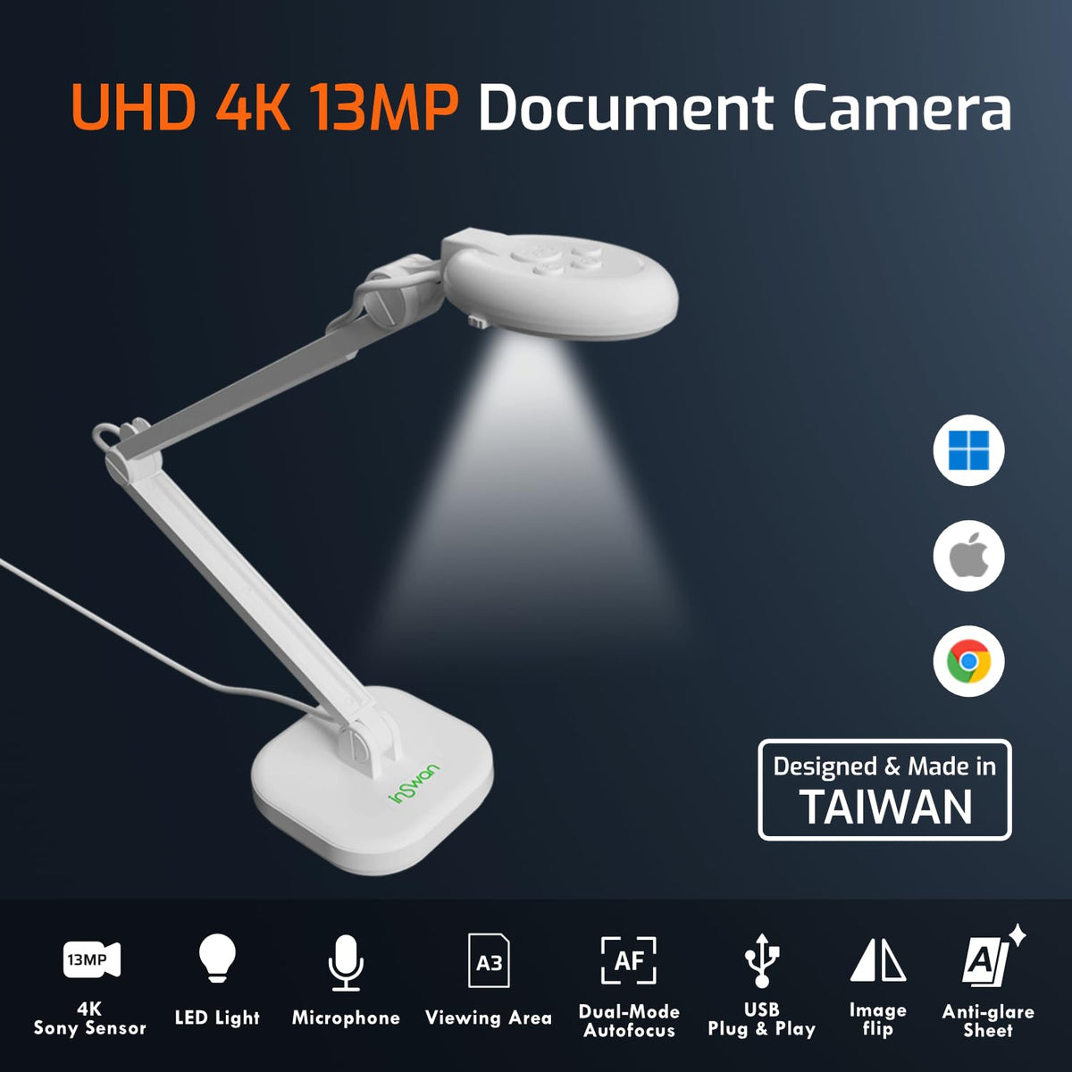 INSWAN 4K 13MP LED Auto Focus Document Camera Packaging status original