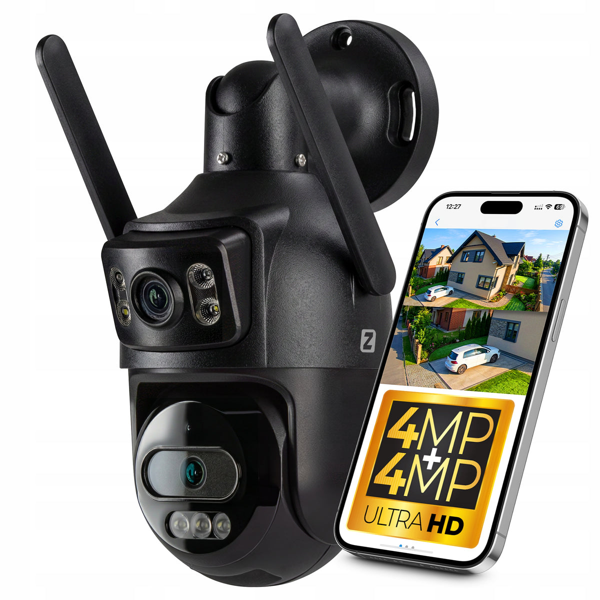 IP WIFI DUAL LENS 4MP + 4MP DUAL BLACK ROTATING OUTDOOR CAMERA