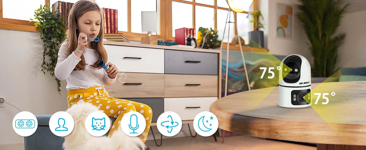 Indoor Camera IP WiFi Dual Lens rotating Humanoid Detection Alarm 4X Zoom Packaging status original