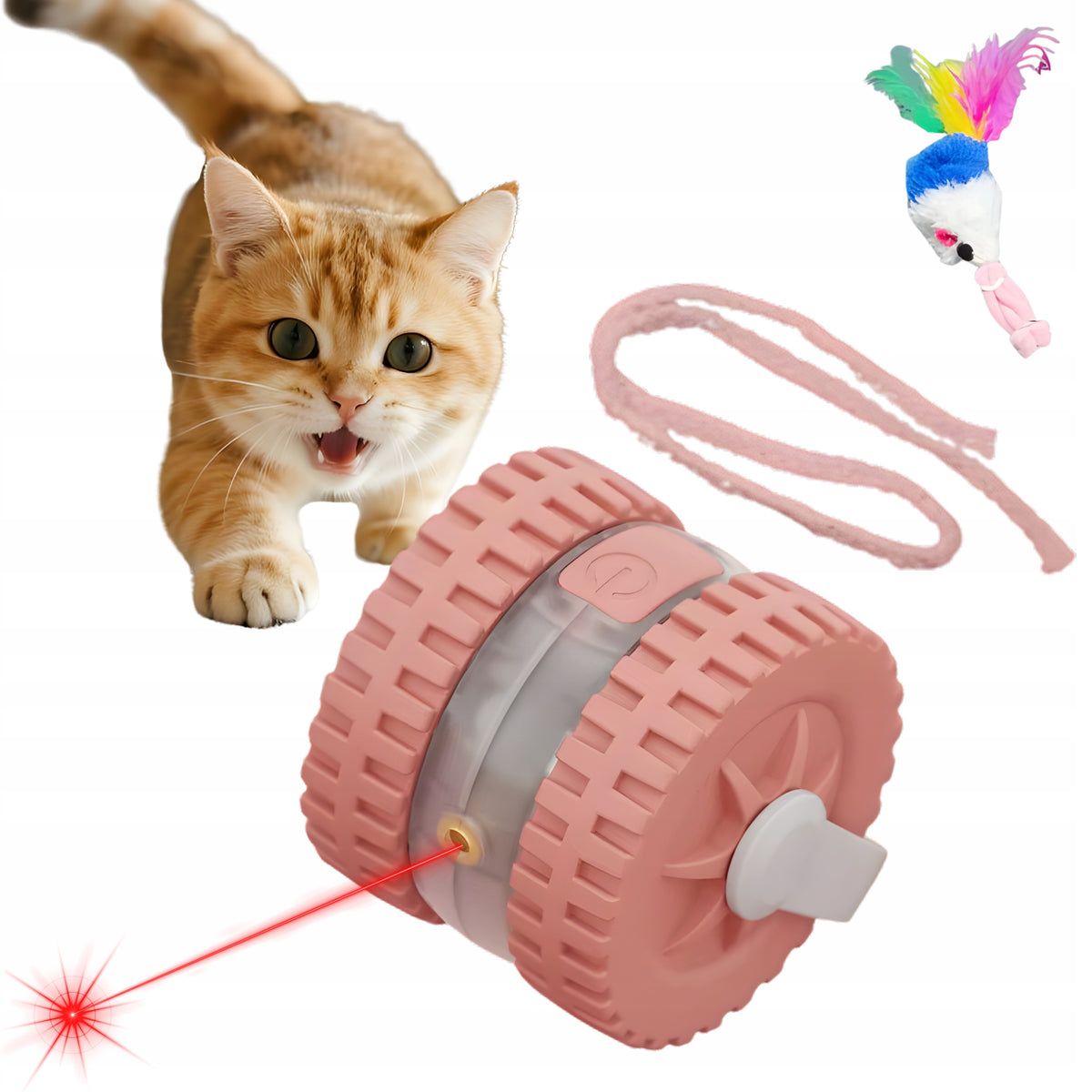 Interactive Cat Toy with Plush Mouse Feathers Laser String