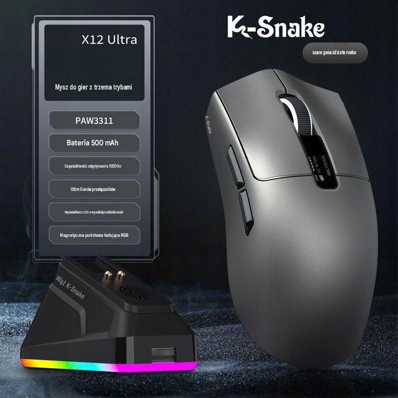 K-Snake X12 Ultra Gaming Mouse, 3 Operating Modes, with Charging Stand, Grey