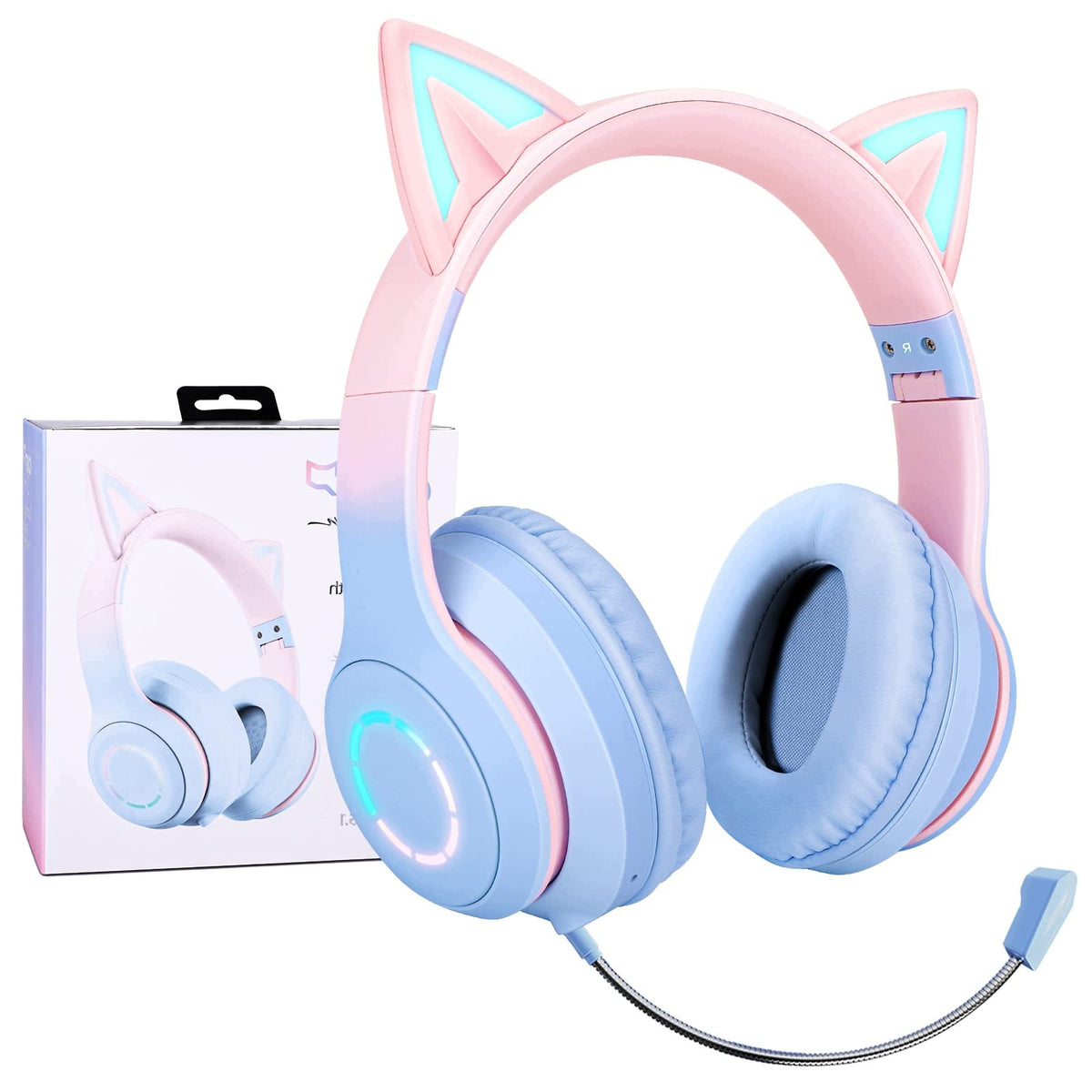 KIDS BLUETOOTH HEADPHONES JYPS WITH EARS CAT RGB LED BLUE PINK