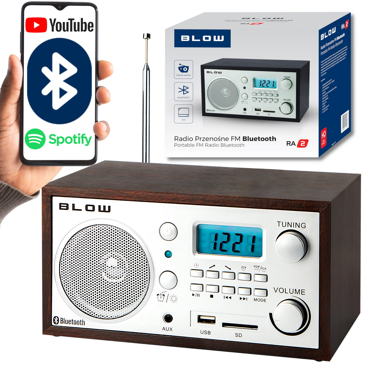 KITCHEN RADIO BLUETOOTH PORTABLE RETRO LCD ANTENNA FM USB SD CLOCK ALARM CLOCK