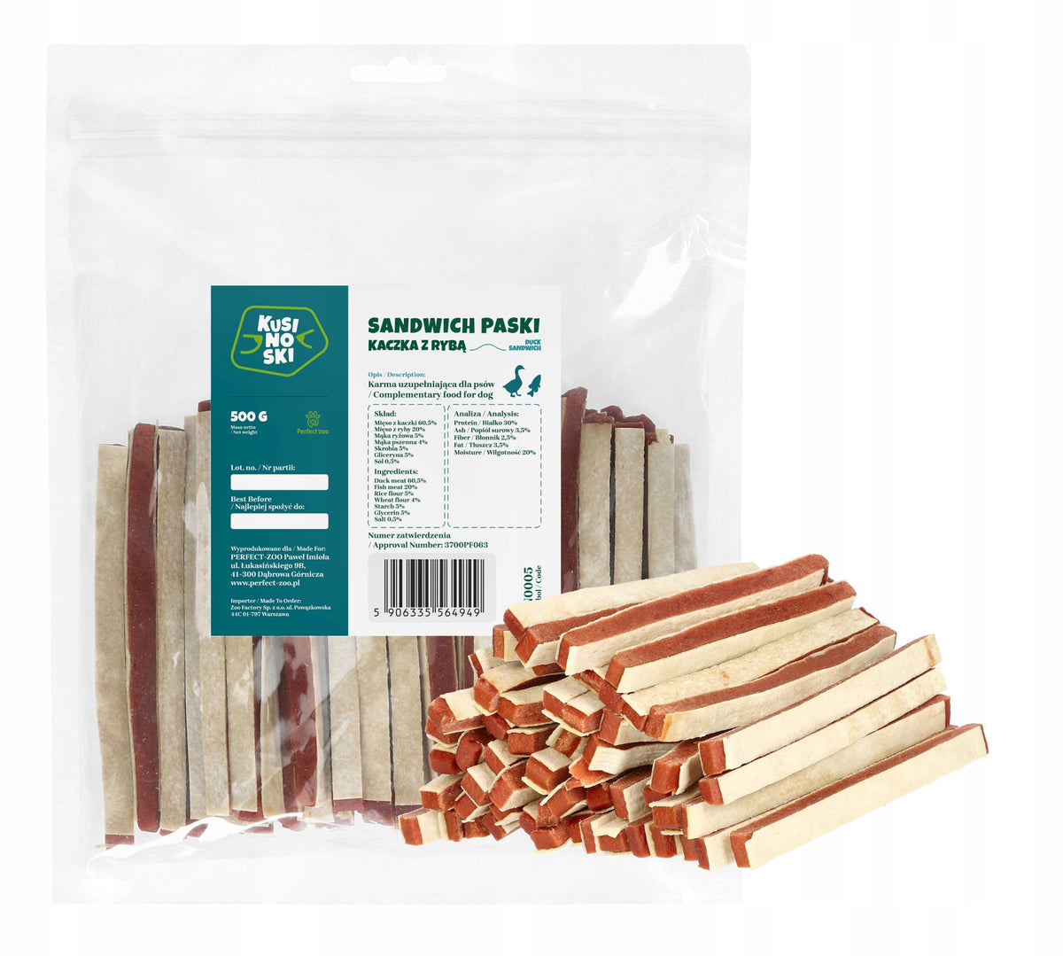 KUSINOSKI SANDWICH DUCK STRIPS WITH FISH DOG TREATS 500g