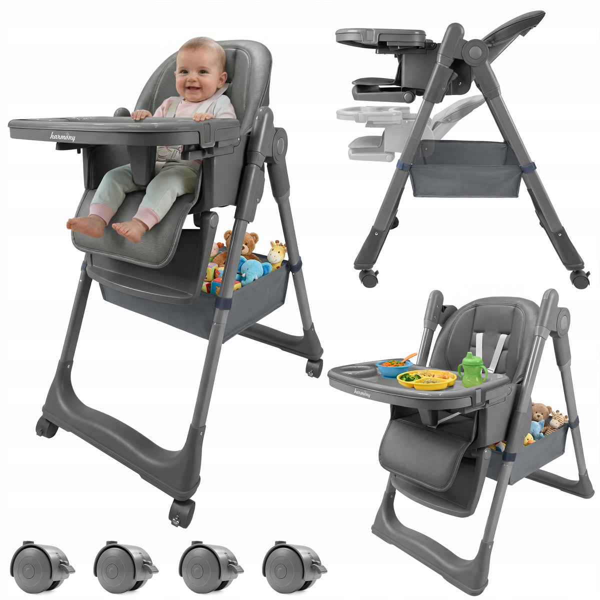 LARGE 5IN1 FOLDING HIGH CHAIR WITH GRAY LOWERING FUNCTION