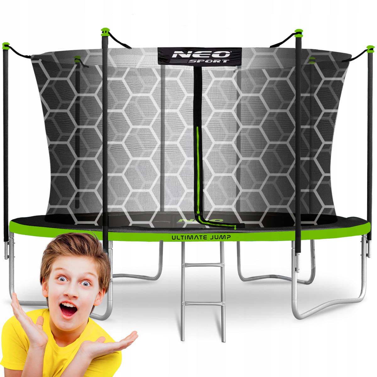 LARGE GARDEN TRAMPOLINE WITH INTERNAL NET FOR CHILDREN 374cm 12ft + LADDER