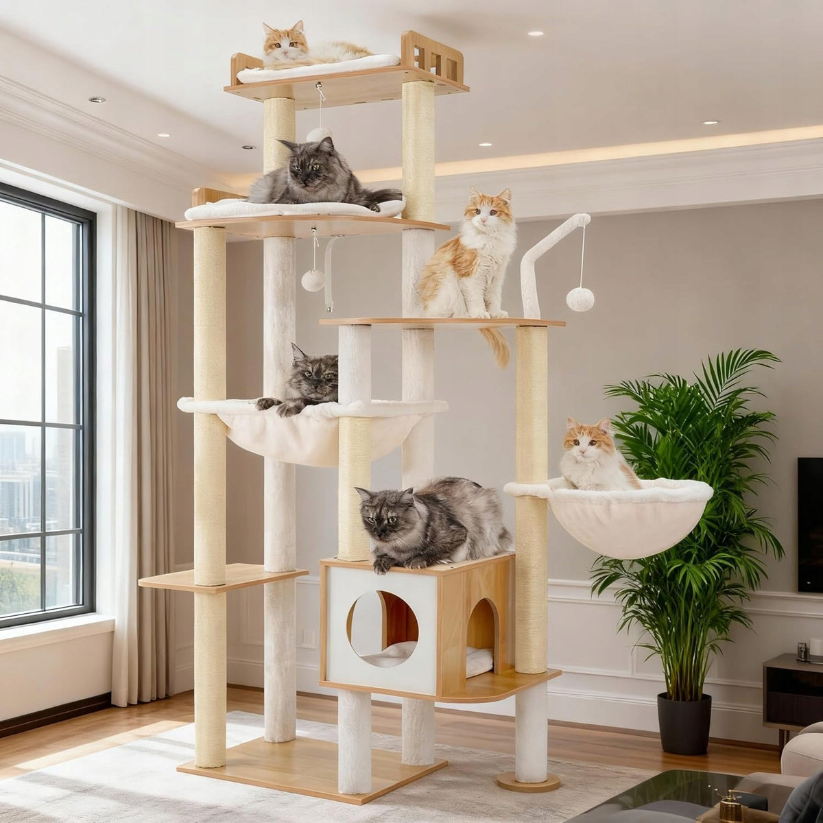 LARGE HIGH SCRATCHING POST FOR CATS WITH BOOTH AND HAMMOCKS 184 CM WALNUT COLOR