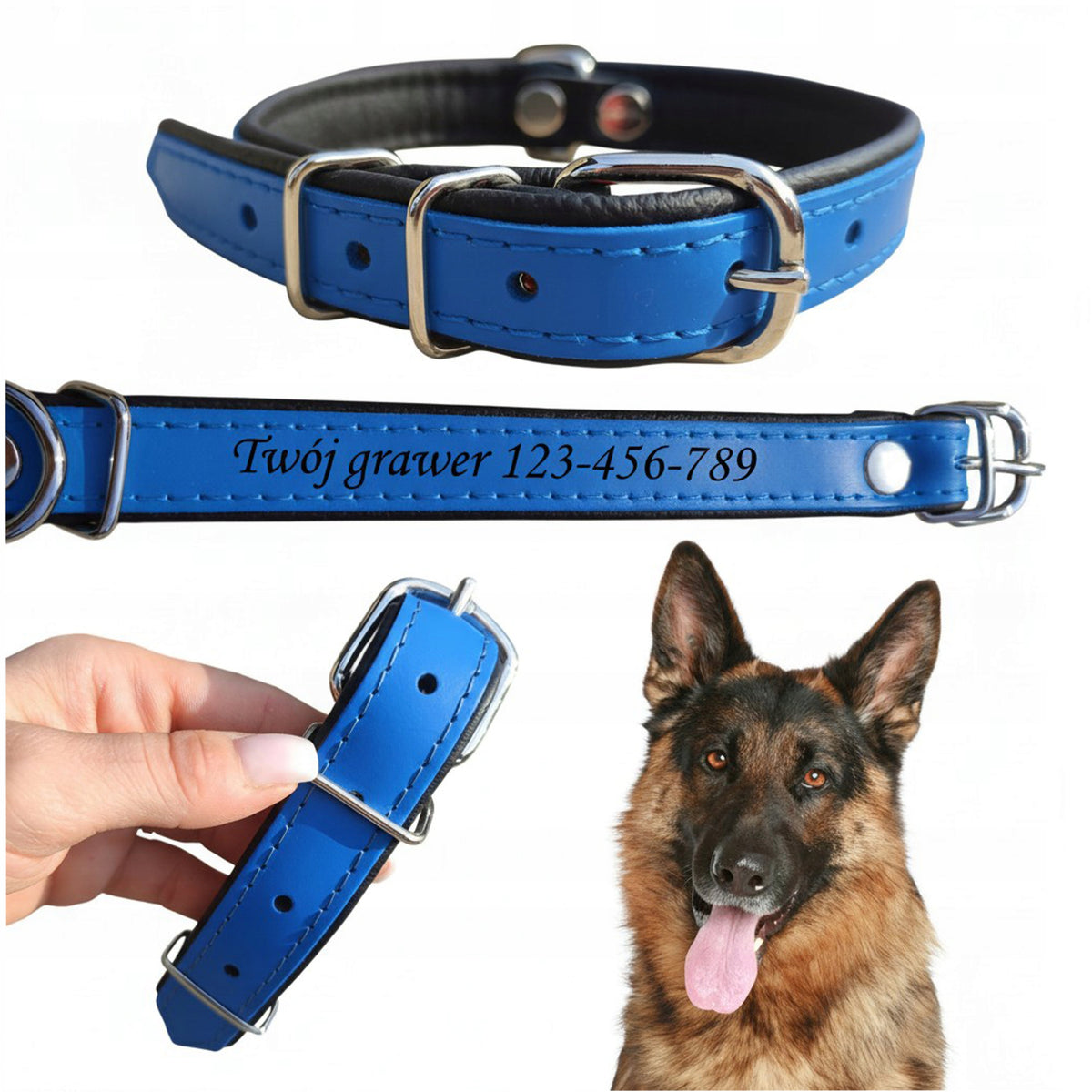 LEATHER COLLAR 100% WITH DOG ENGRAVING ENGRAVED SIZE L BLUE
