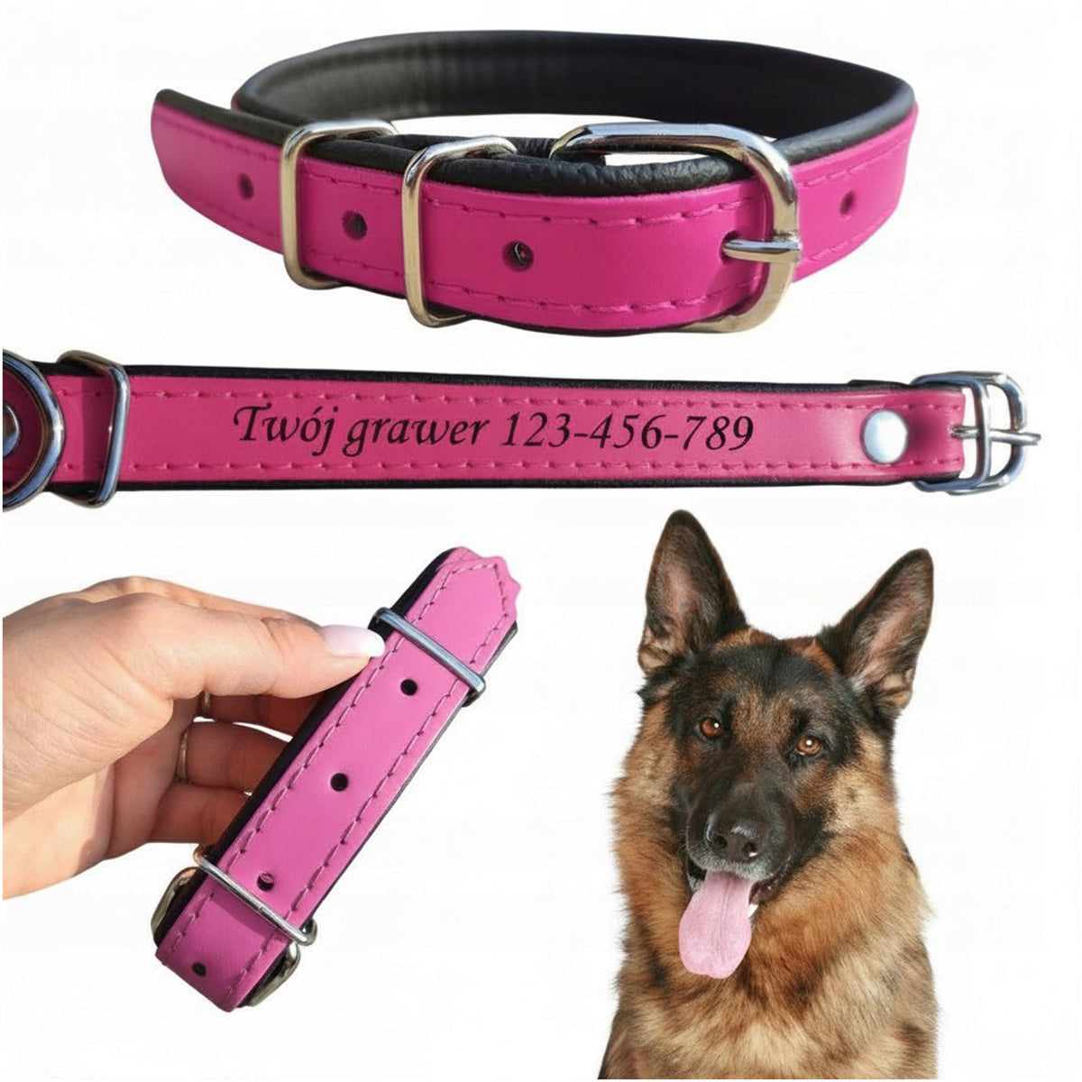 LEATHER COLLAR 100% WITH DOG ENGRAVING NAME ENGRAVED SIZE L PINK