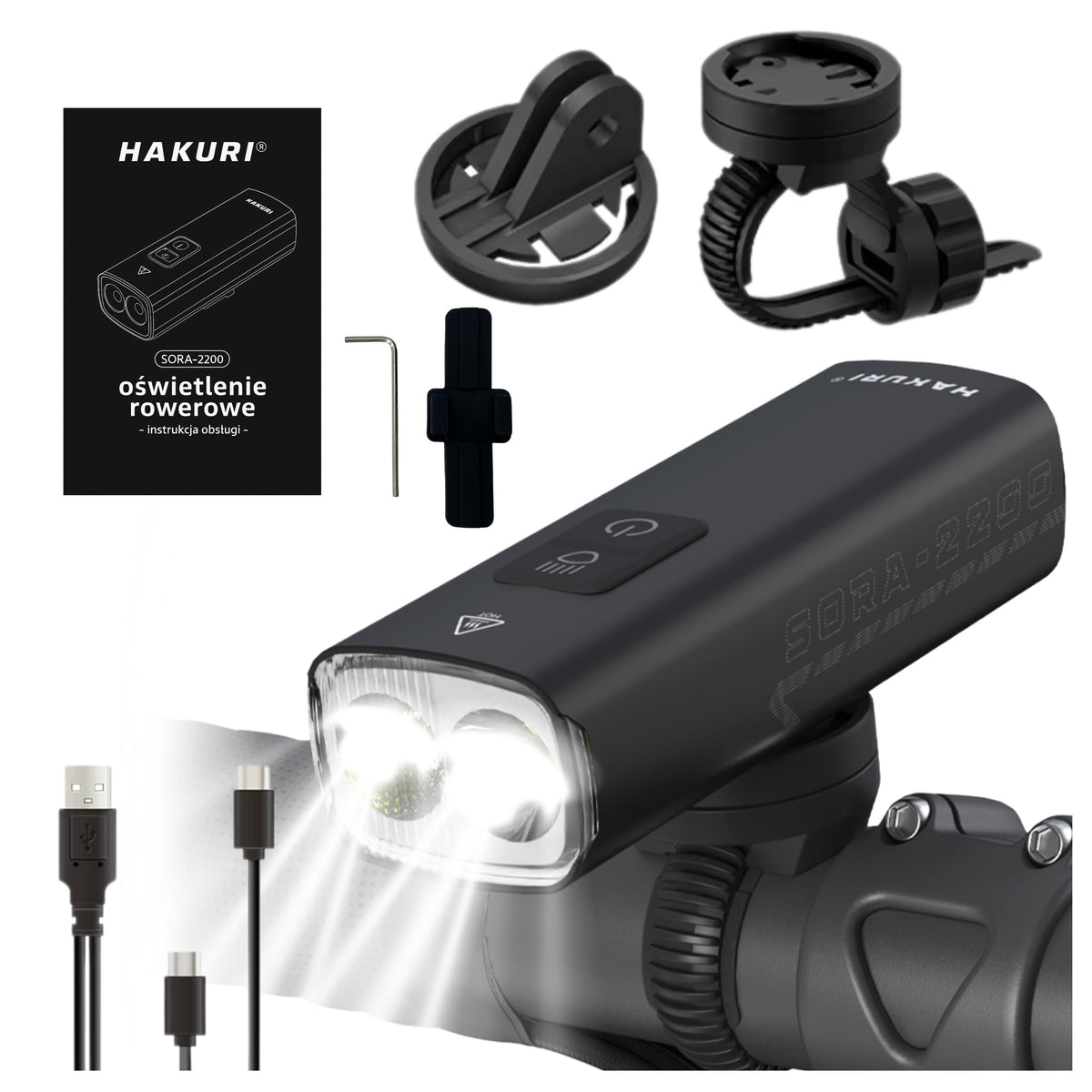 LED Bike Light Strong Light 2200lm Lighting 5 Modes Powerbank 2in1