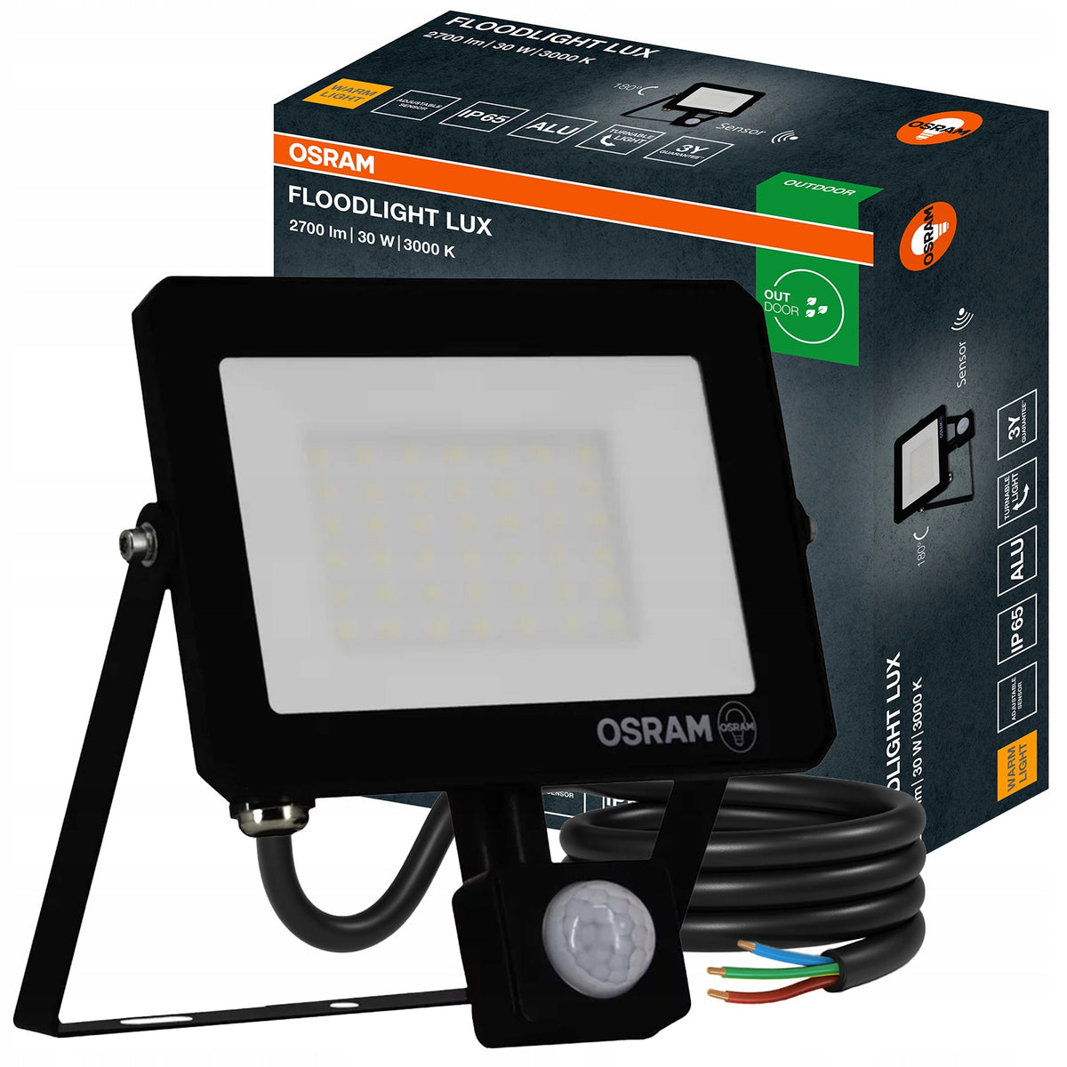 LED Floodlight Halogen Headlight 30W 3000K 2700lm IP65 Motion Sensor OSRAM