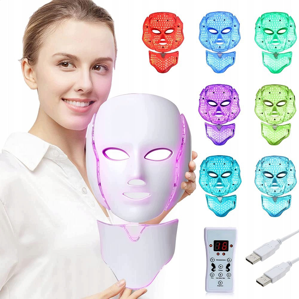 LED MASK 7 COLORS PHOTOTHERAPY FACE NECK WHITE FOR HOME TREATMENTS Packaging status original