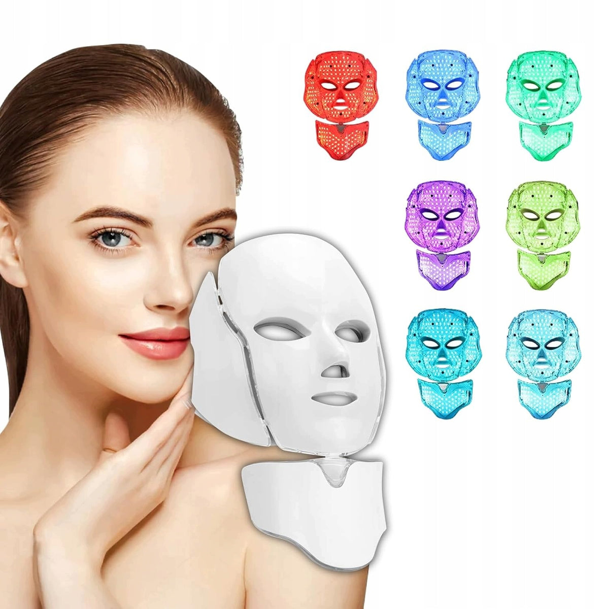 LED MASK 7 COLORS PHOTOTHERAPY FACE NECK WHITE PLUG-PLAY SYSTEM