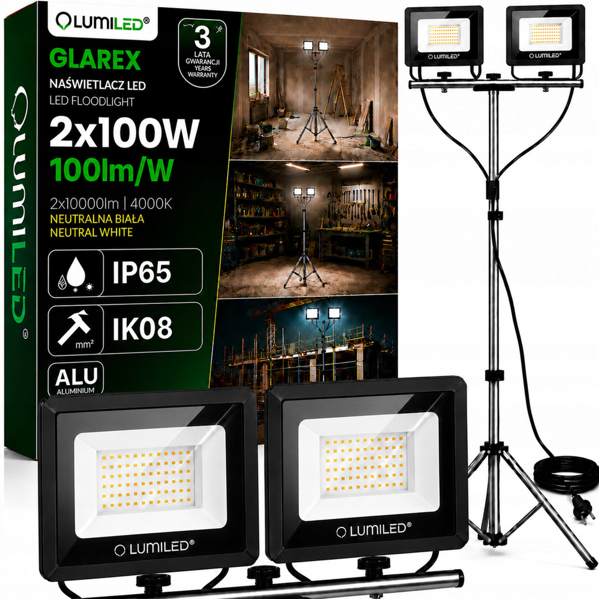 LED Tripod Floodlight 2x 100W Halogen Construction Working For Garage