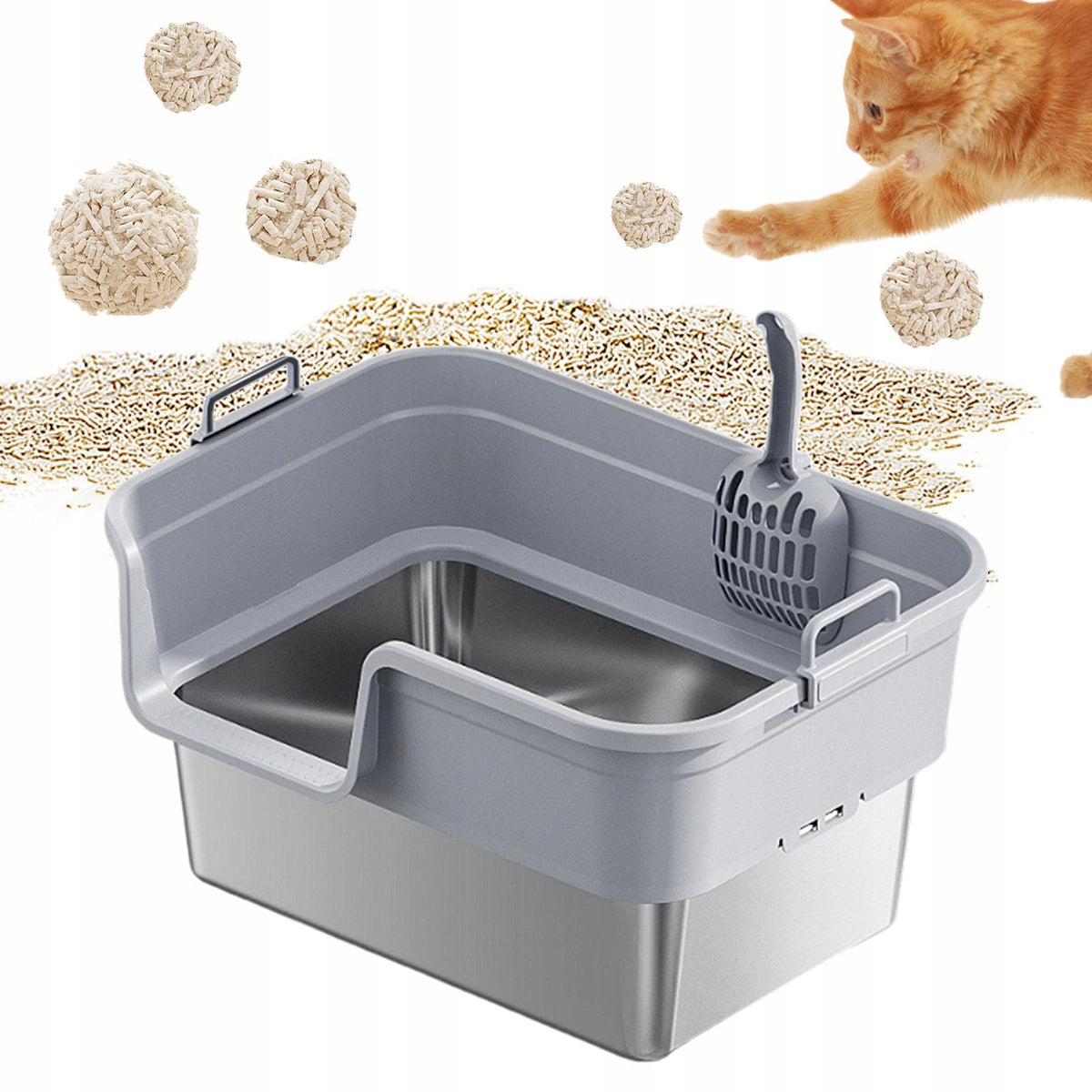 Large Cat Litter Box, Cat Litter Box, Sturdy, Open Top, with Light Gray