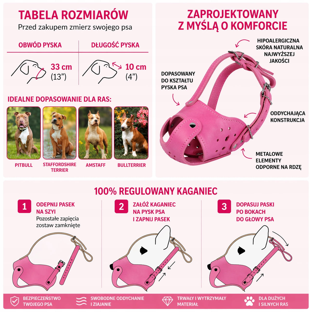 Leather muzzle for dog PITBULL AMSTAFF adjustable strong M/L CollarDirect Packaging status original