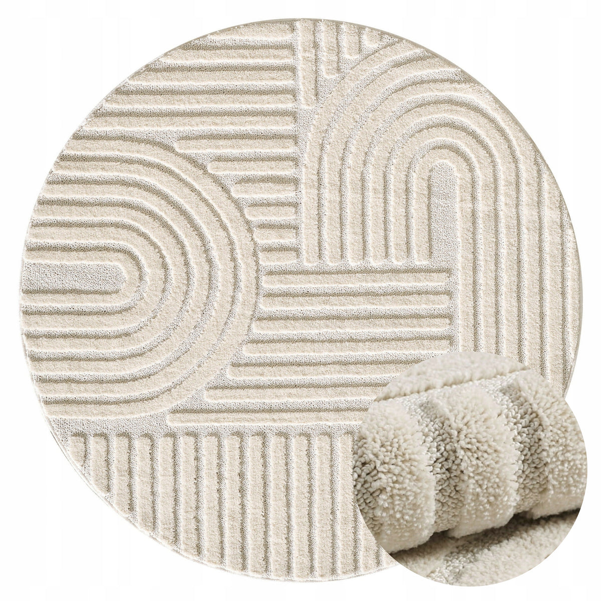 Living Room Rug Round 160x160cm Modern Geometry 3D Cream Certificate